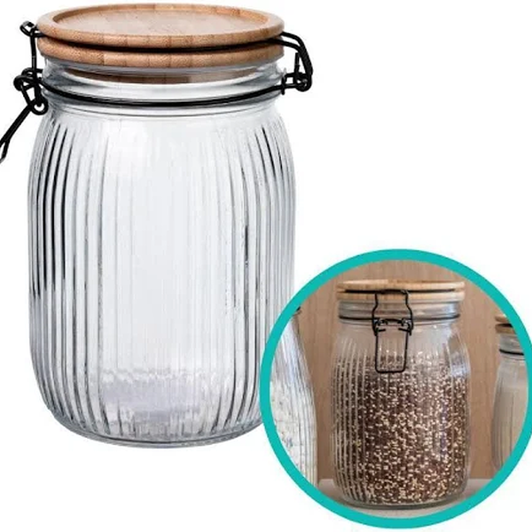 Pote de Vidro com Tampa Hermética de Bambu e Trava 1,2L